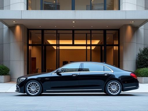 An executive car parked outside a large, modern conference venue