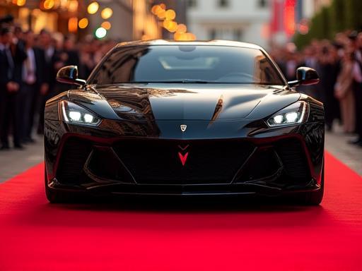 A sleek black luxury car parked on a red carpet with photographers nearby