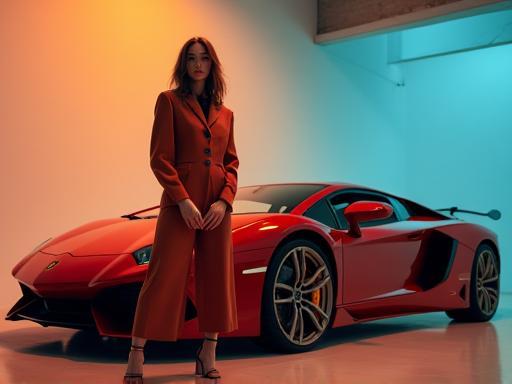 A stylish model posing beside a luxury sports car during a fashion photoshoot setup