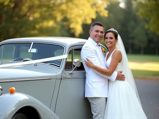 A happy wedding couple posing next to a classic luxury wedding car decorated with ribbons