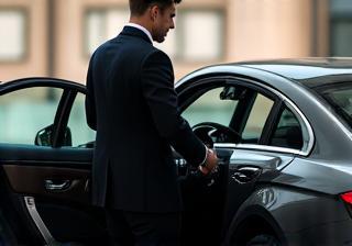 Professional chauffeur in uniform opening a luxury car door